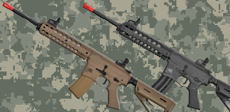 valken asl mod-l airsoft guns in tan and black on digital camo background